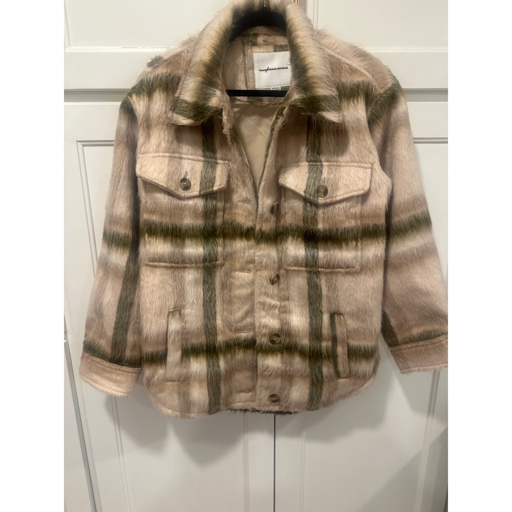 American Eagle Plaid Fuzzy Shacket Jacket Beige Green Womens XS boho winter warm
